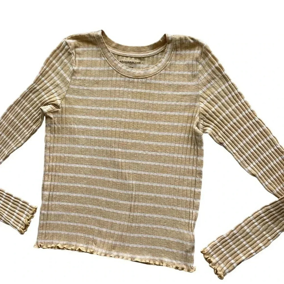 American Eagle Tan Ribbed Striped Semi-Cropped Long Sleeve Tee- Size Small - Picture 3 of 7